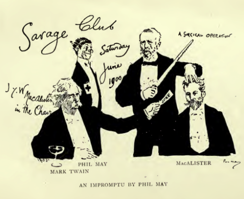 Cartoon of Twain and MacAlister at the Savage club
